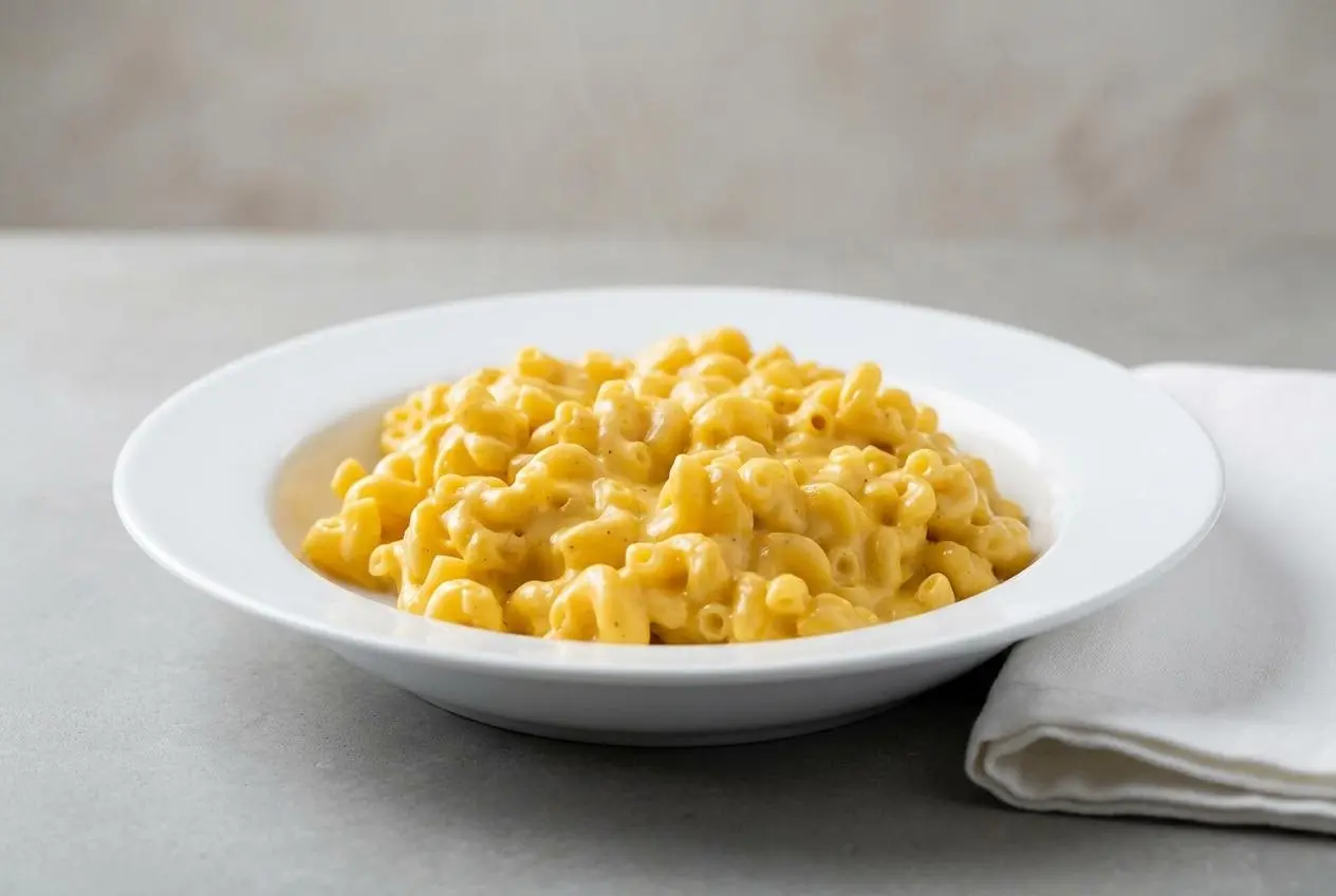 A bowl of creamy stovetop macaroni and cheese with a fork lifting some pasta, showing the velvety, rich cheddar sauce.