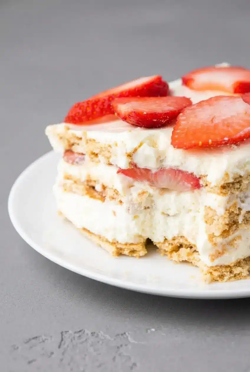 A clean slice of strawberry icebox cake on a white plate, showing defined layers of graham crackers and cream.
