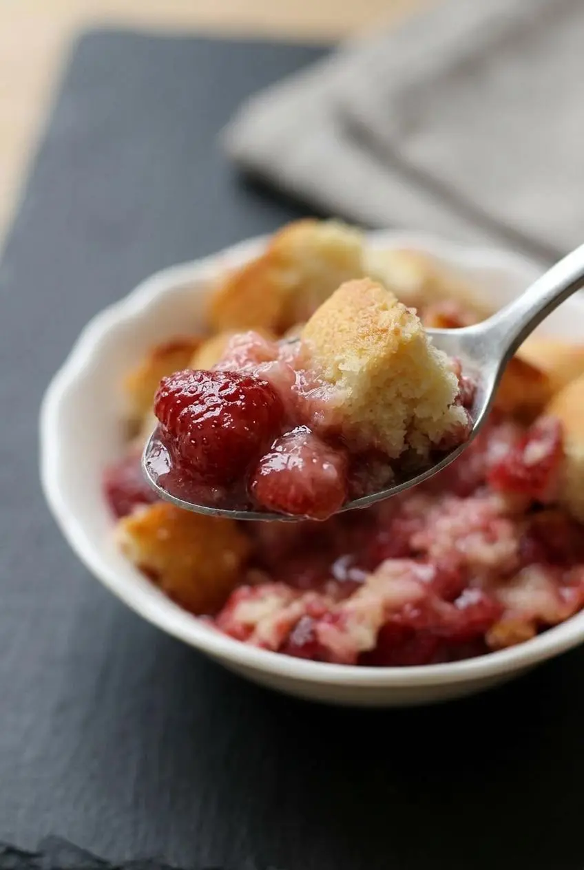 A close-up of a spoonful of strawberry cobbler, showing the fluffy cake texture of the topping and the glossy, cooked strawberries