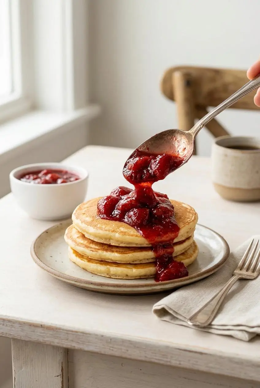 A hand spooning strawberry compote from a white bowl onto a stack of fluffy pancakes on a rustic plate.