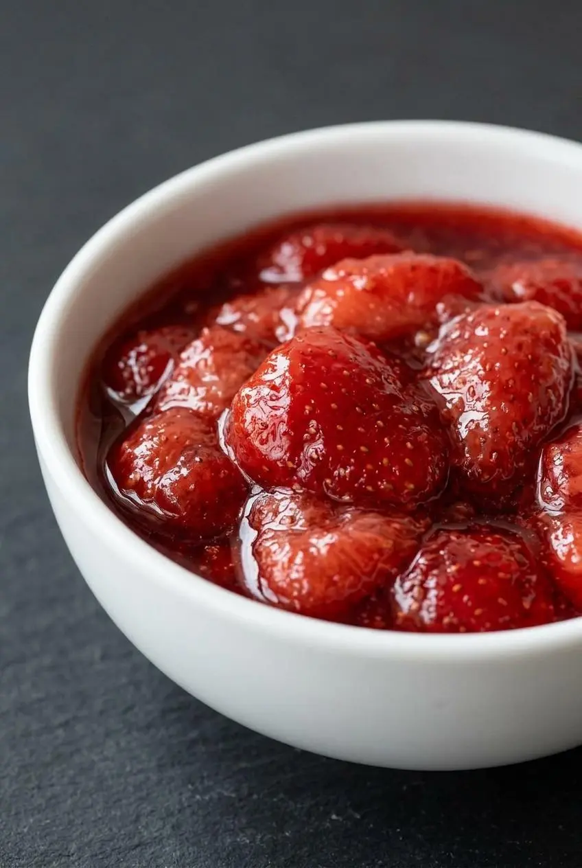 A close-up macro view of chunky strawberry compote, highlighting the soft fruit pieces and tiny seeds in a glossy red syrup.