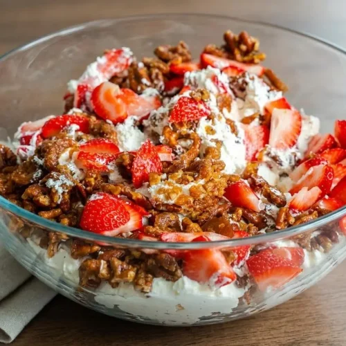 Creamy strawberry crackle salad with fresh sliced strawberries and caramelized pretzel pecan topping in a bowl.