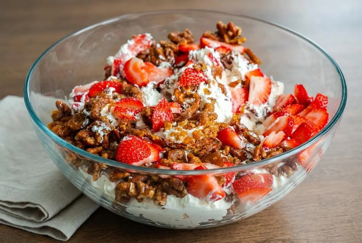 Creamy strawberry crackle salad with fresh sliced strawberries and caramelized pretzel pecan topping in a bowl.