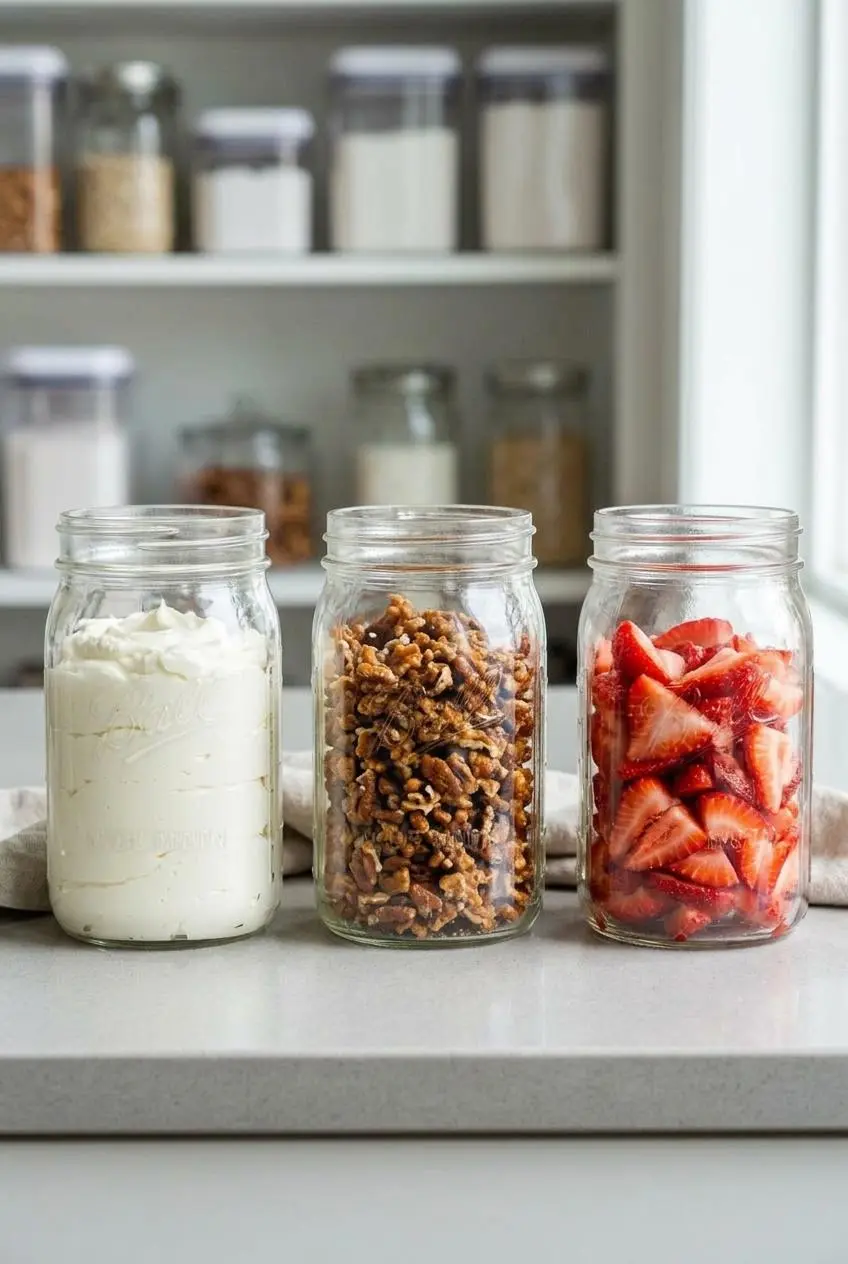 Three glass meal-prep containers holding separated strawberries, whipped cream cheese base, and pretzel crunch.