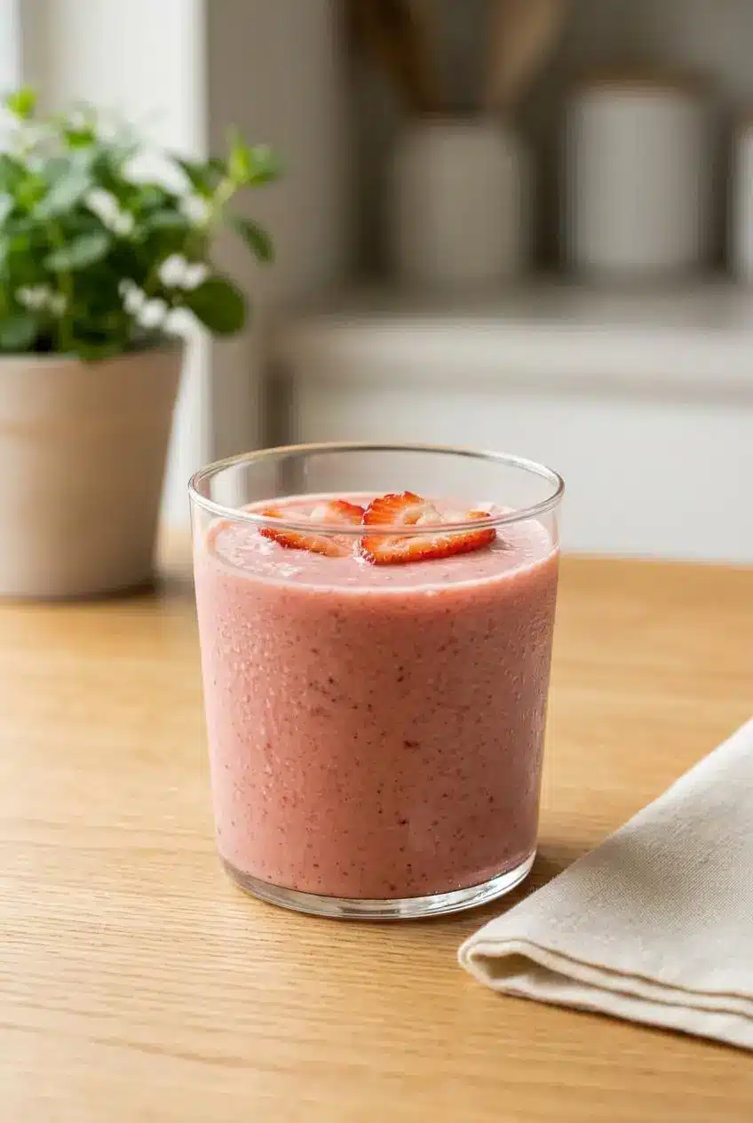 A glass of creamy pink strawberry protein smoothie on a light wood table, set in a bright kitchen for breakfast.