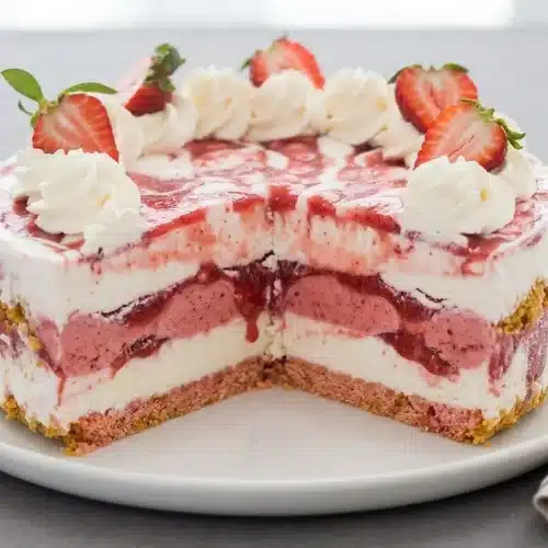 Layered Strawberry Shortcake Ice Cream Cake with creamy vanilla ice cream, bright berry ribbons, and buttery cookie crumbs.