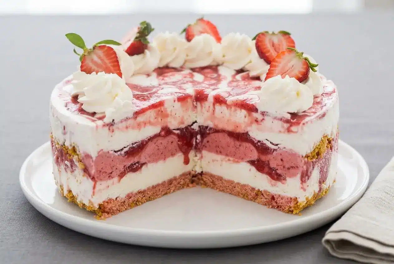Layered Strawberry Shortcake Ice Cream Cake with creamy vanilla ice cream, bright berry ribbons, and buttery cookie crumbs.