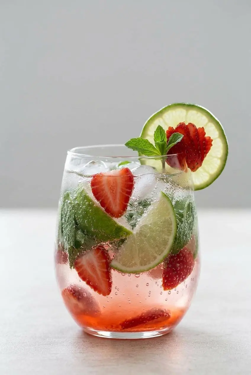 A Strawberry Virgin Mojito in a tall glass, showing muddled strawberries, crushed ice, and garnished with a mint sprig and a fanned
