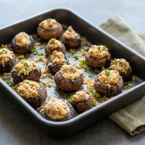 A white serving platter of baked stuffed mushrooms with cream cheese, featuring a creamy filling and a golden brown Parmesan topping.