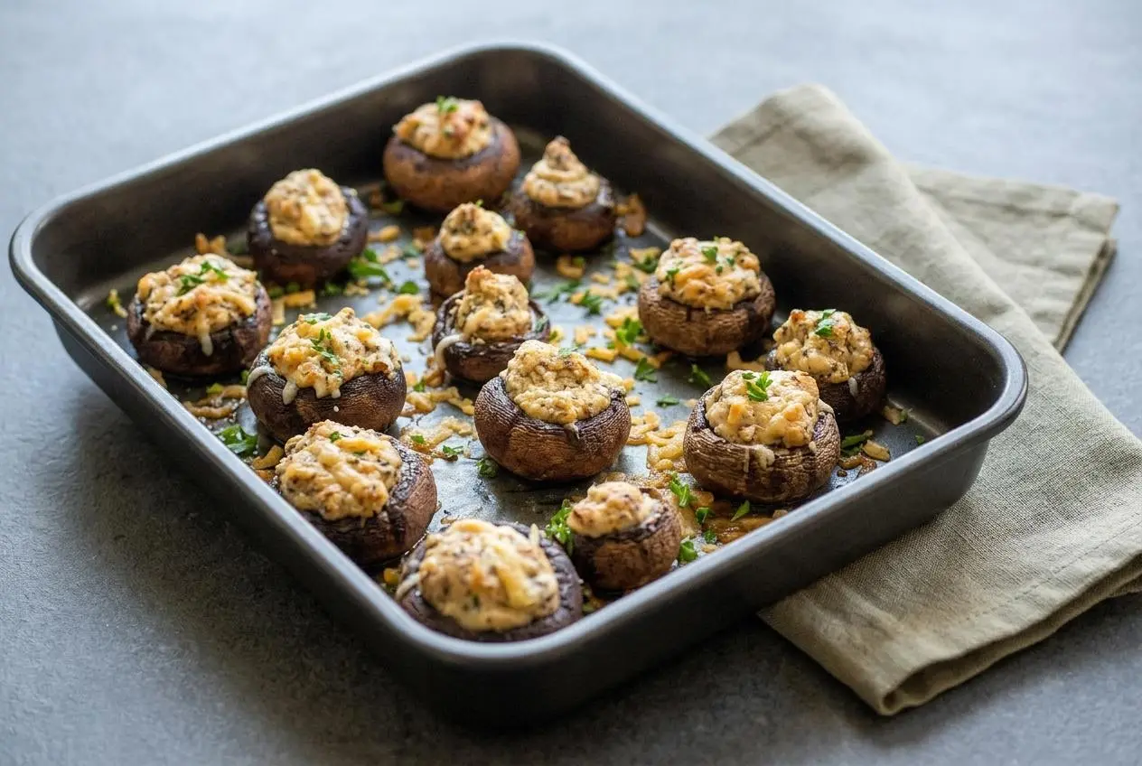 A white serving platter of baked stuffed mushrooms with cream cheese, featuring a creamy filling and a golden brown Parmesan topping.