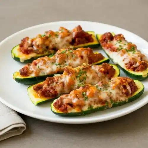 A white ceramic baking dish filled with Stuffed Zucchini Boats, topped with a rich Italian sausage filling and bubbly, golden-brown