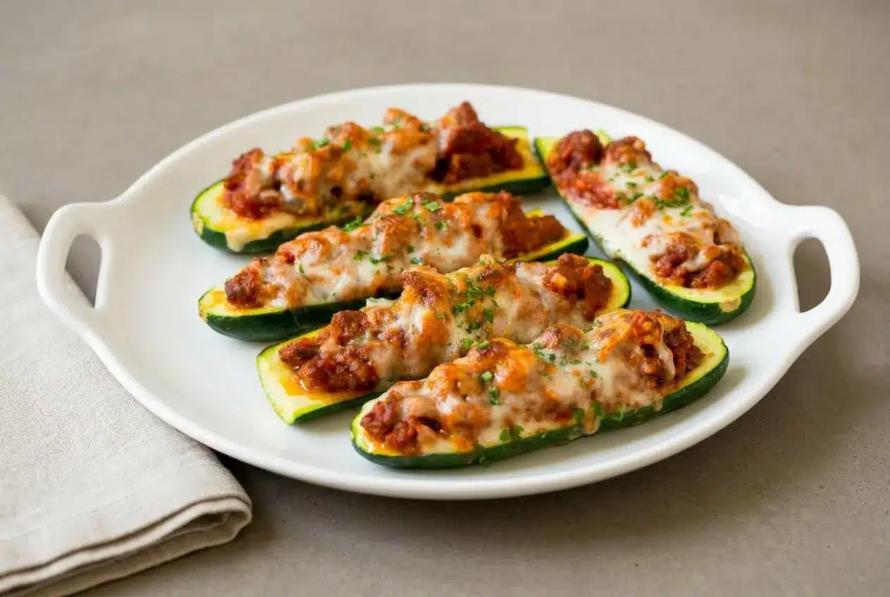 A white ceramic baking dish filled with Stuffed Zucchini Boats, topped with a rich Italian sausage filling and bubbly, golden-brown