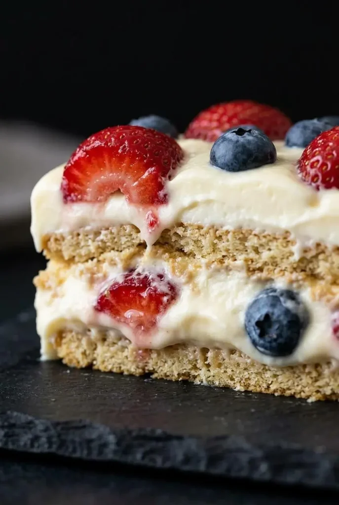 Close-up cross section of an icebox cake slice showing softened graham crackers, thick vanilla cream, and juicy berries. No Bake Summer Berry Icebox Cake