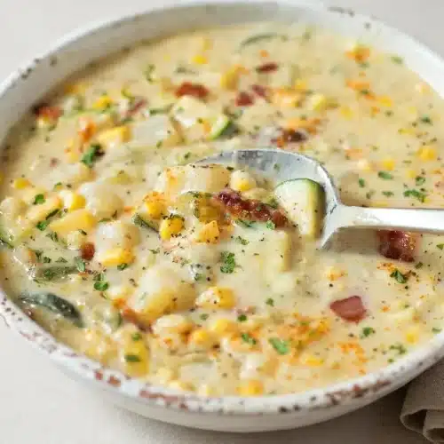 A rustic bowl of Summer Corn and Zucchini Chowder, showing a creamy broth filled with sweet corn kernels, tender zucchini, and smoky bacon.