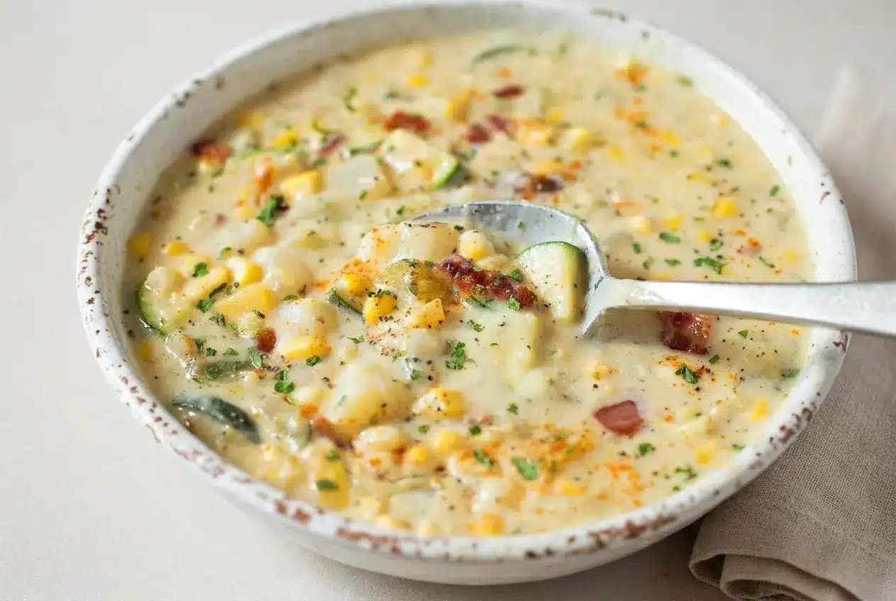 A rustic bowl of Summer Corn and Zucchini Chowder, showing a creamy broth filled with sweet corn kernels, tender zucchini, and smoky bacon.