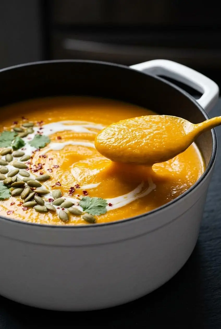 A macro close-up of a spoonful of velvety sweet potato soup, showing its perfectly smooth and creamy texture.
