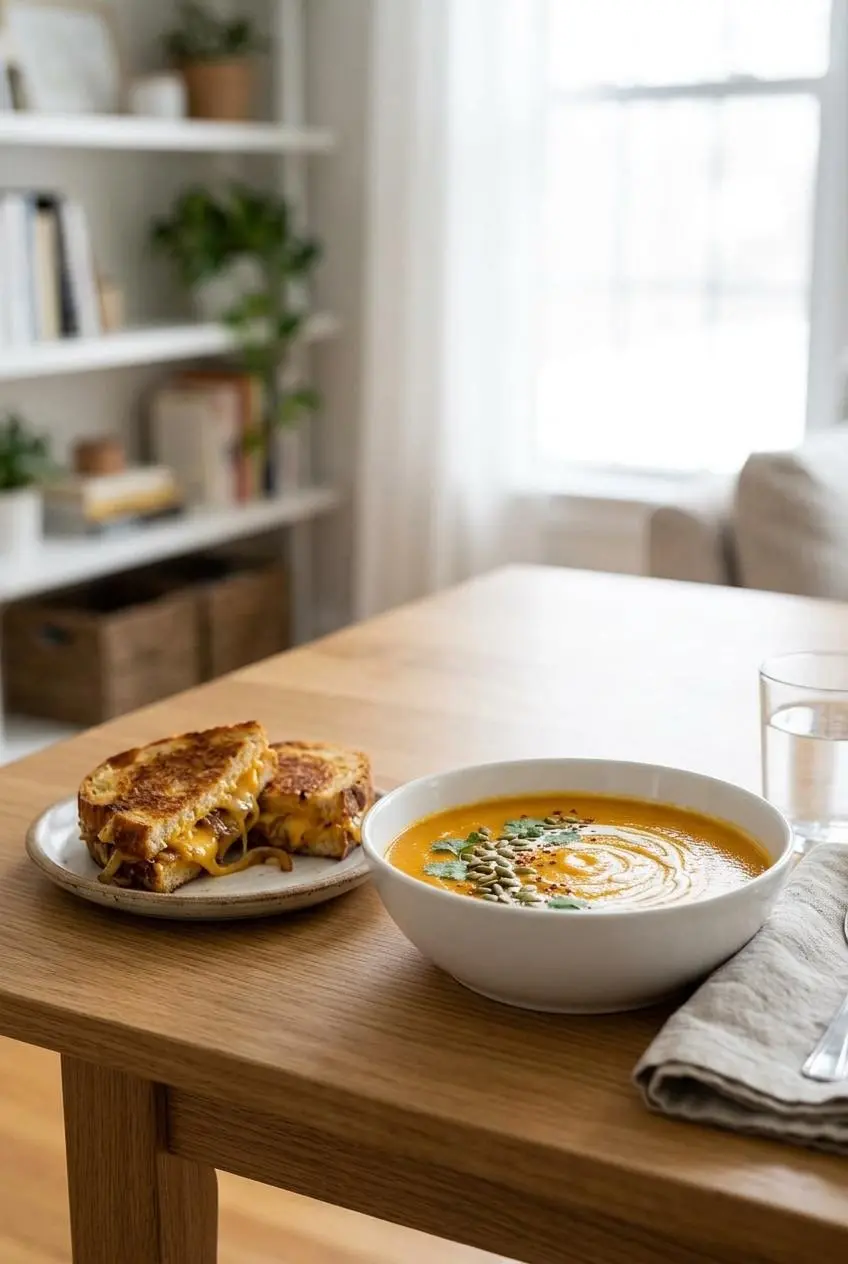 A bowl of sweet potato soup served as a meal with a grilled cheese sandwich on a wooden table.