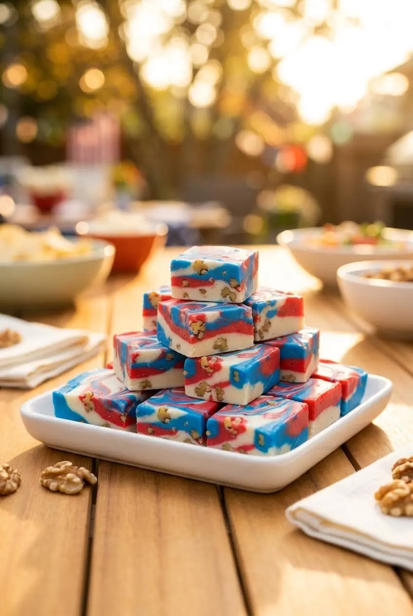 Swirled red, white, and blue marbled fudge squares arranged on a white platter on a wooden outdoor table.