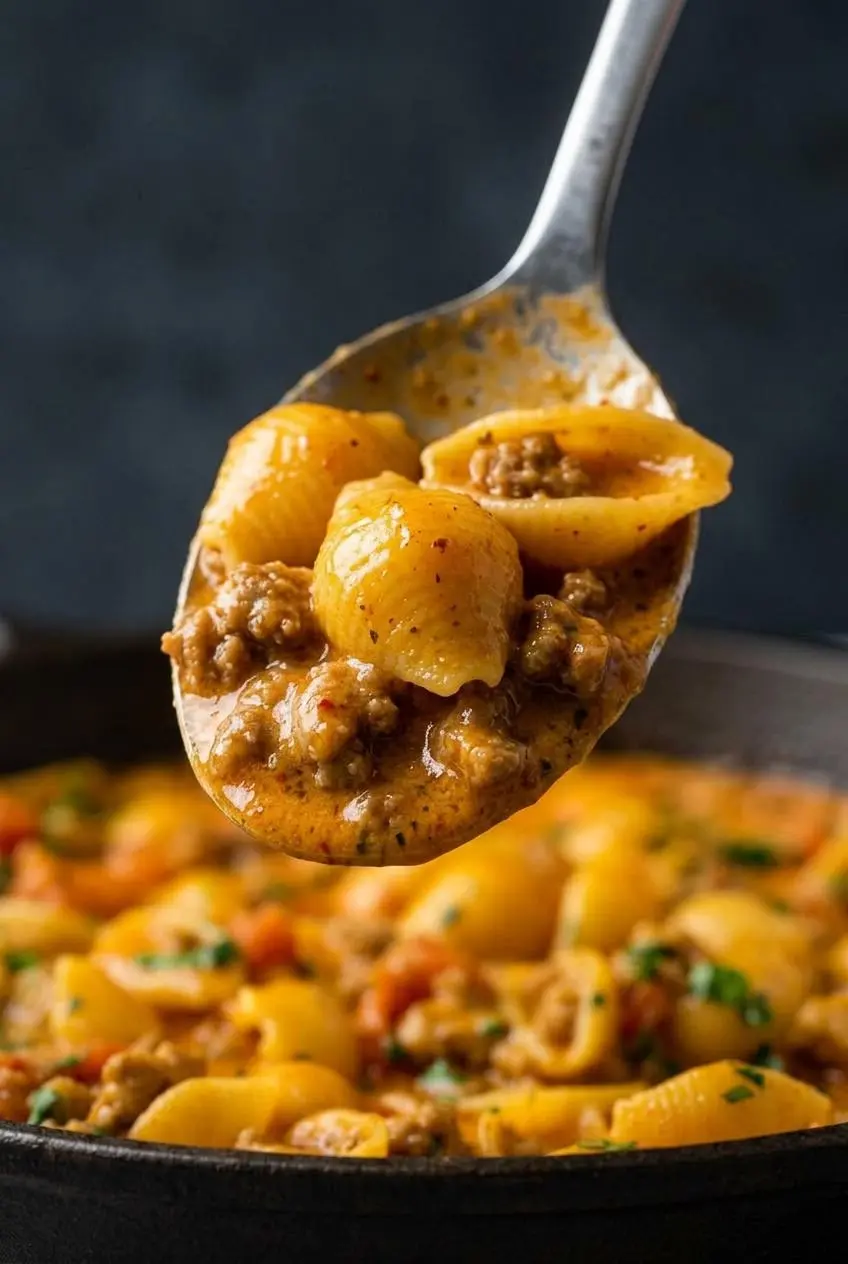 A close-up of a spoonful of taco pasta showing the smooth, glossy cheese sauce clinging to pasta shells and ground beef.