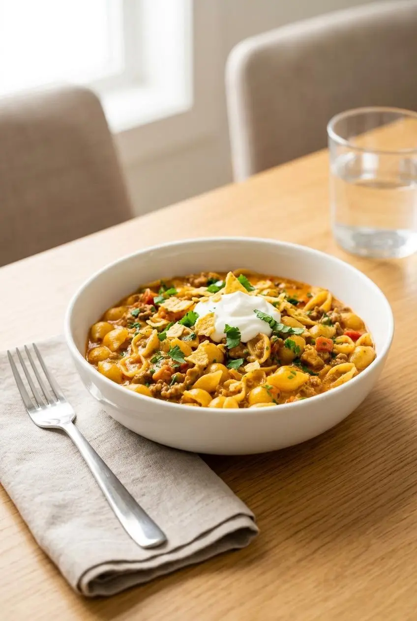 A bowl of taco pasta on a wooden table, topped with sour cream, fresh cilantro, and crushed tortilla chips for serving.