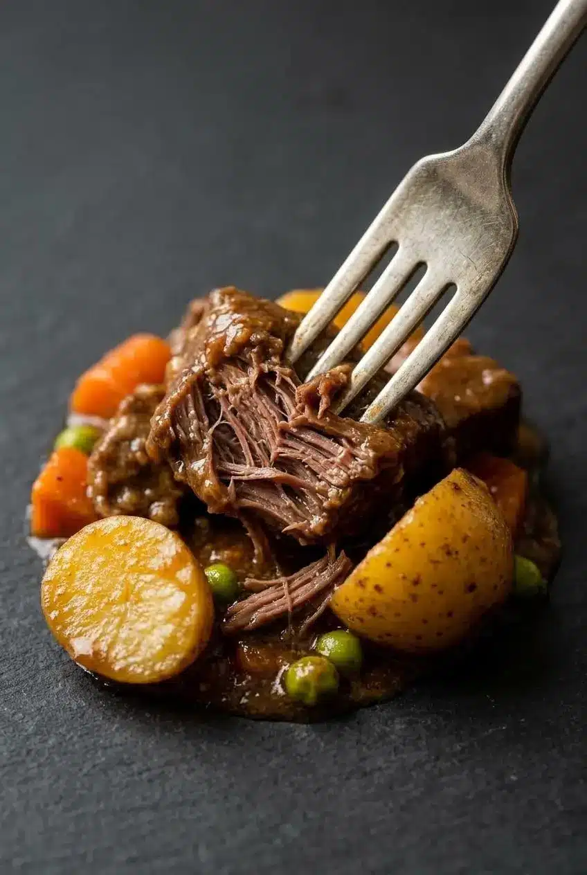 A fork flaking a piece of tender beef from the stew on a spoon, showing its juicy, fall-apart texture with rich gravy.