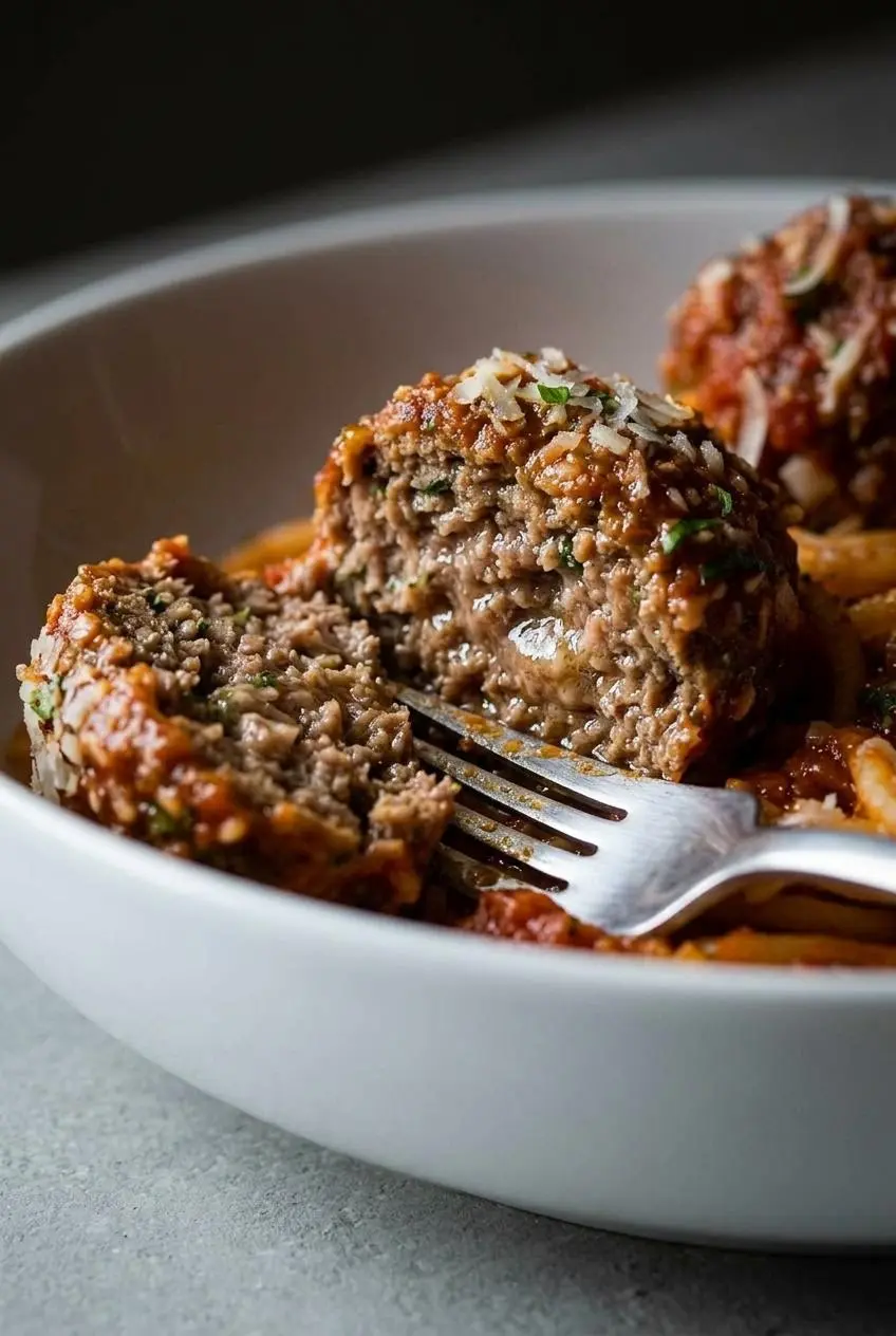 A close-up of a meatball sliced in half with a fork, showing its juicy and tender meat texture inside.
