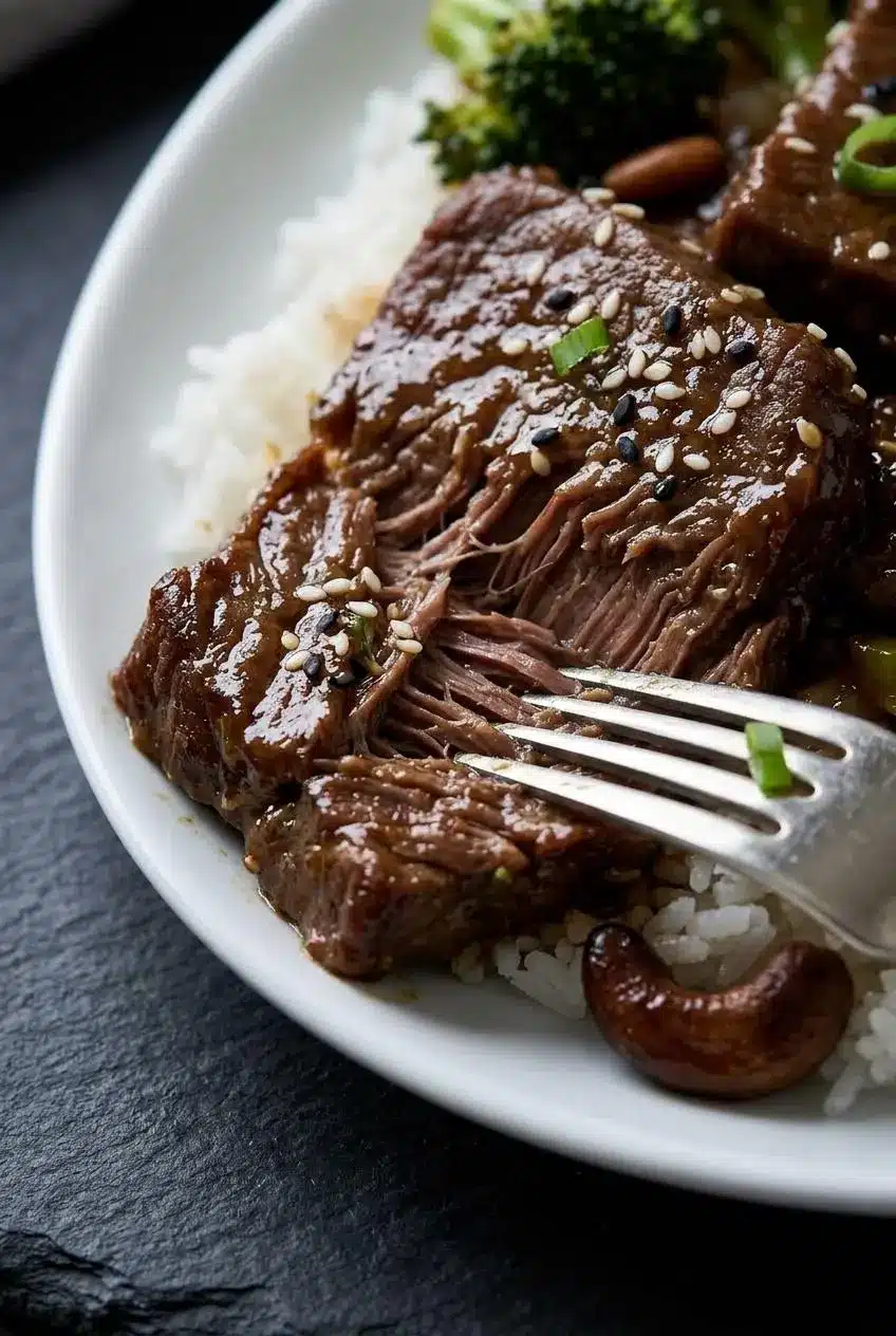 Macro shot of a fork pulling apart a piece of slow-cooked beef, revealing its tender, juicy fibers coated in a glossy dark sauce with sesame