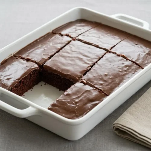 A Texas Chocolate Sheet Cake in a pan, cut into squares, showing the glossy, fudgy frosting and tender dark crumb.
