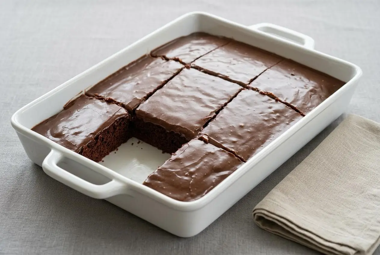 A Texas Chocolate Sheet Cake in a pan, cut into squares, showing the glossy, fudgy frosting and tender dark crumb.