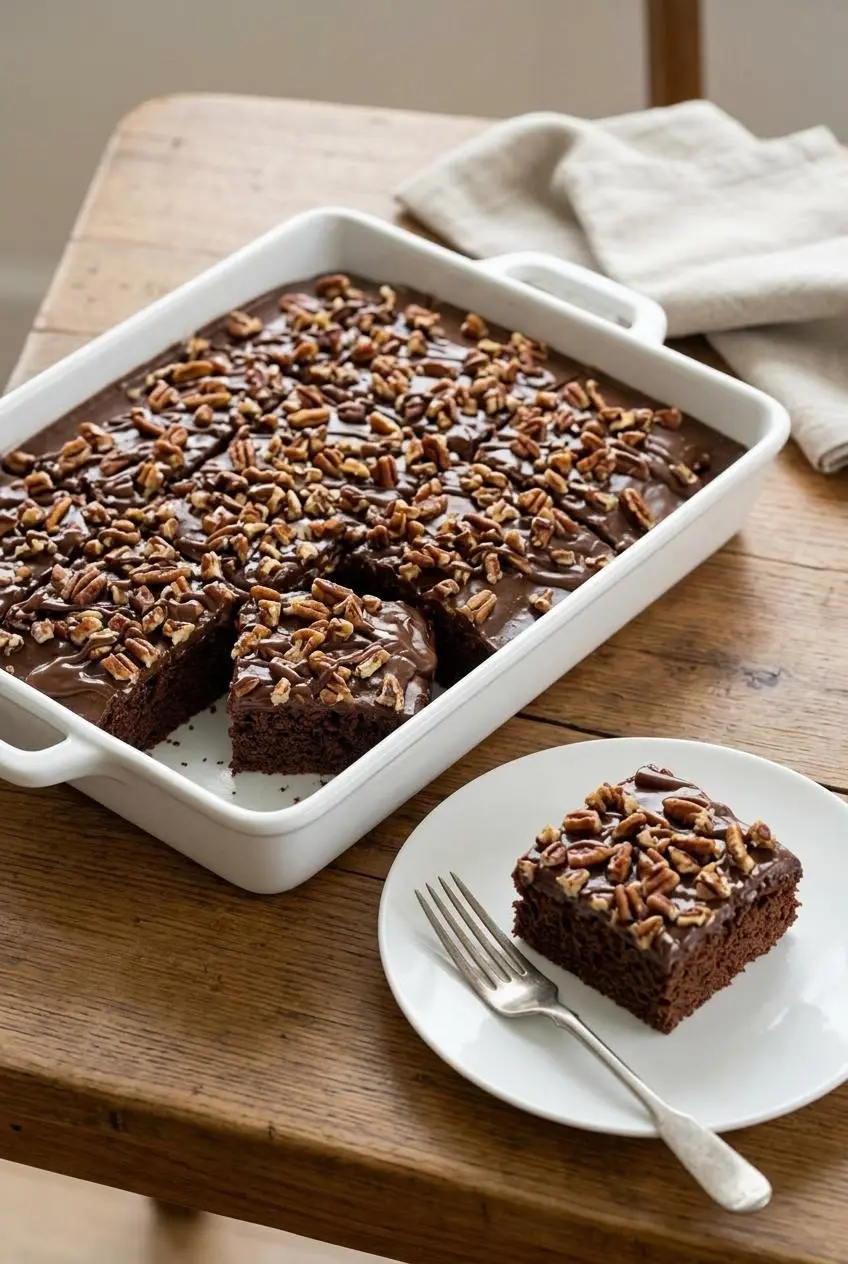 A Texas Chocolate Sheet Cake covered with toasted chopped pecans, with one square served on a white plate with a fork.