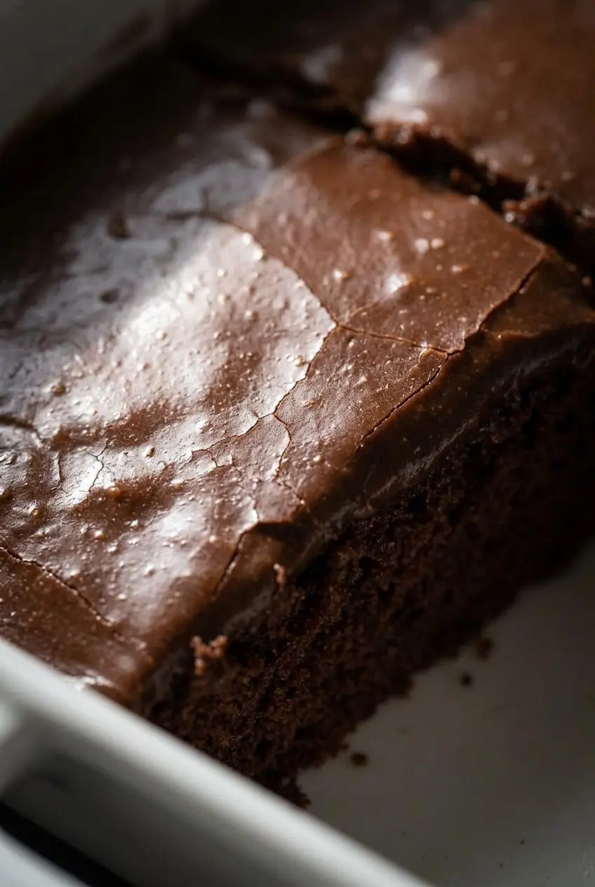 Extreme close-up of a slice of chocolate sheet cake, showing the paper-thin crackle on the surface of the dark, glossy fudge icing.