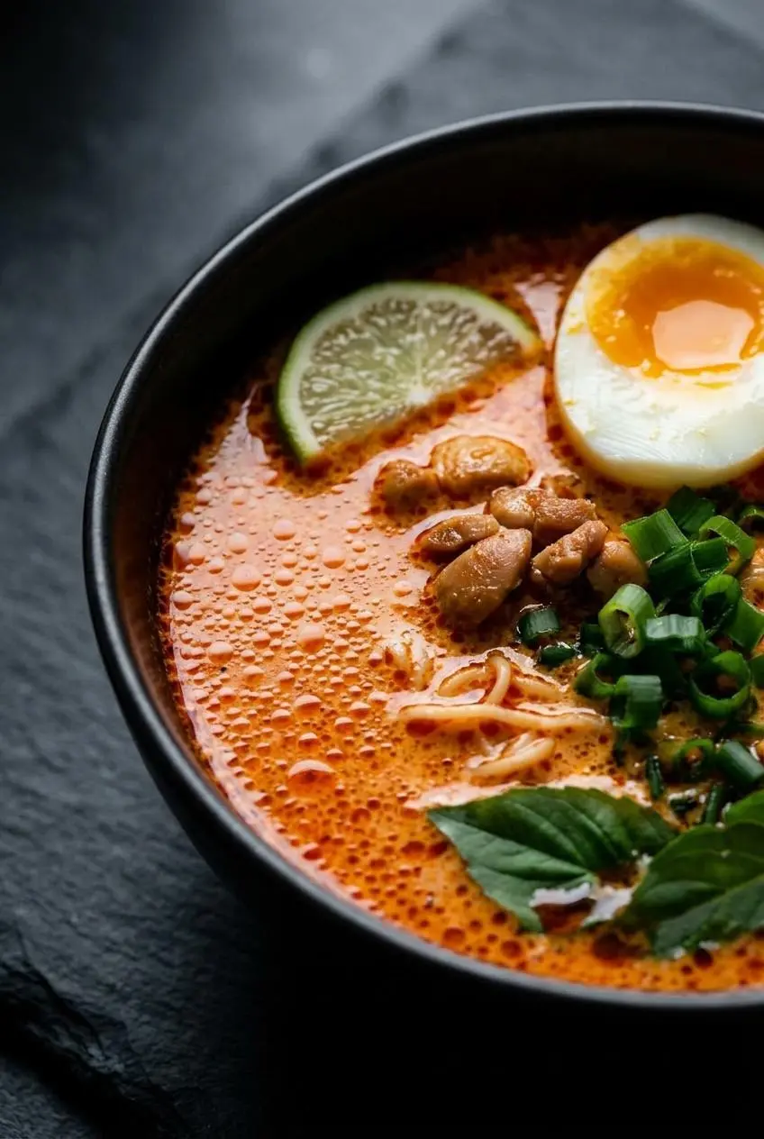 A macro shot of Thai red curry ramen broth in a dark bowl, showing its vibrant orange-red color and glistening droplets of chili oil on the