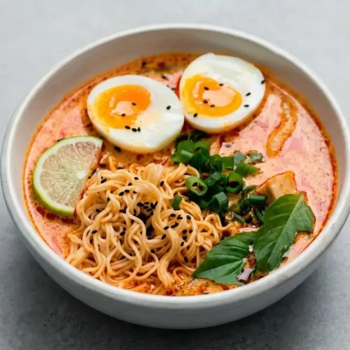 A finished bowl of Thai red curry ramen with a creamy coconut broth, chicken, a soft-boiled egg, Thai basil, and a sprinkle of black sesame