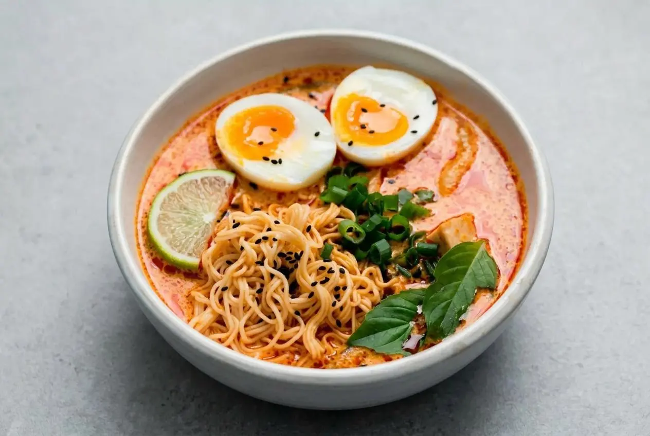 A finished bowl of Thai red curry ramen with a creamy coconut broth, chicken, a soft-boiled egg, Thai basil, and a sprinkle of black sesame