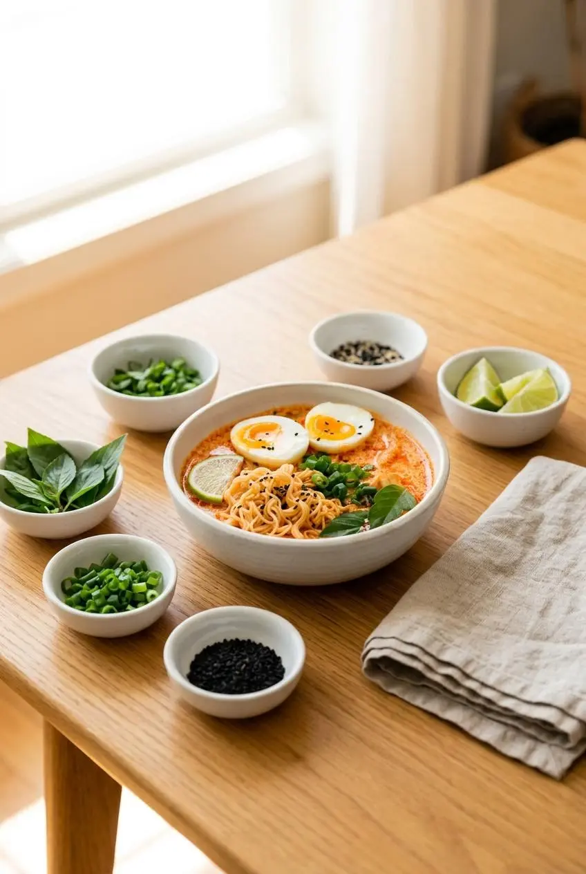 A bowl of Thai red curry ramen on a wooden table, surrounded by small white bowls of toppings like Thai basil, green onions, sesame seeds