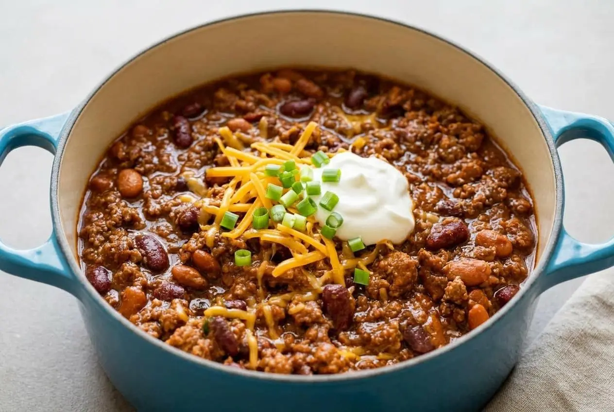 A white bowl filled with The Pioneer Woman Chili, showing its thick, beefy texture and dark red, glossy sauce, ready to be served.