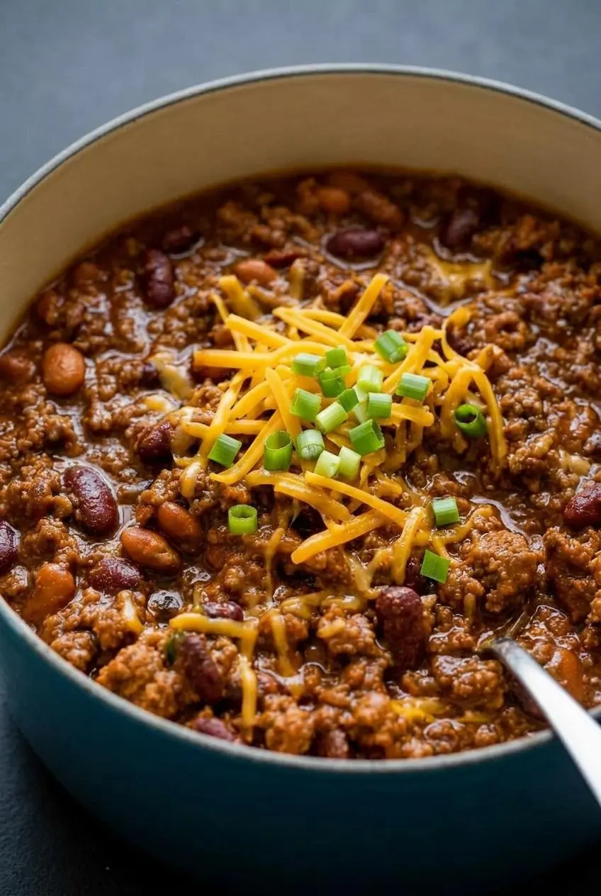 A close-up macro shot of thick beef and bean chili in a white bowl, highlighting the rich, hearty texture created by the masa harina.