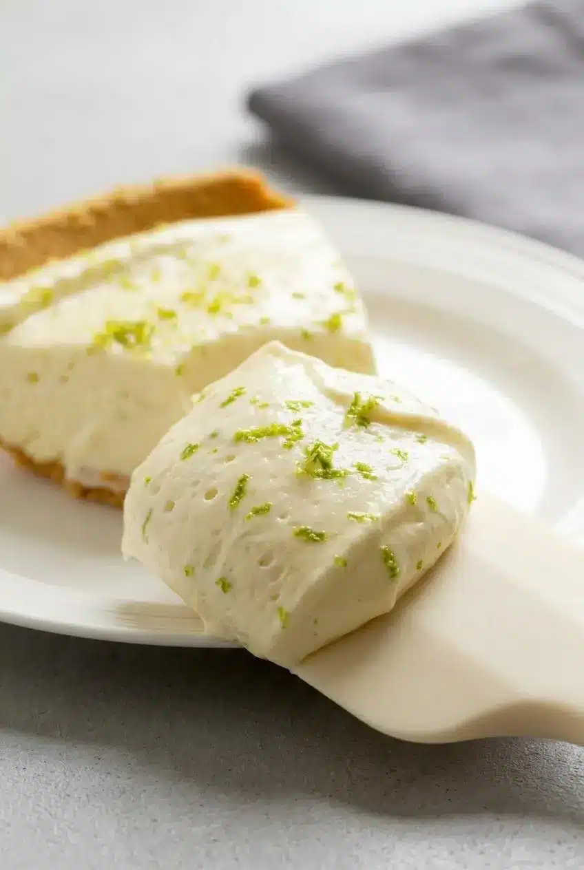 A silicone spatula lifting a thick, velvety scoop of pale-yellow key lime pie filling with green lime zest flecks.