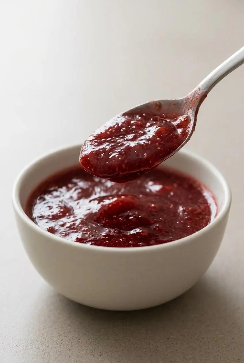 Thick strawberry sauce with real fruit pulp coating the back of a metal spoon lifted from a ceramic bowl.