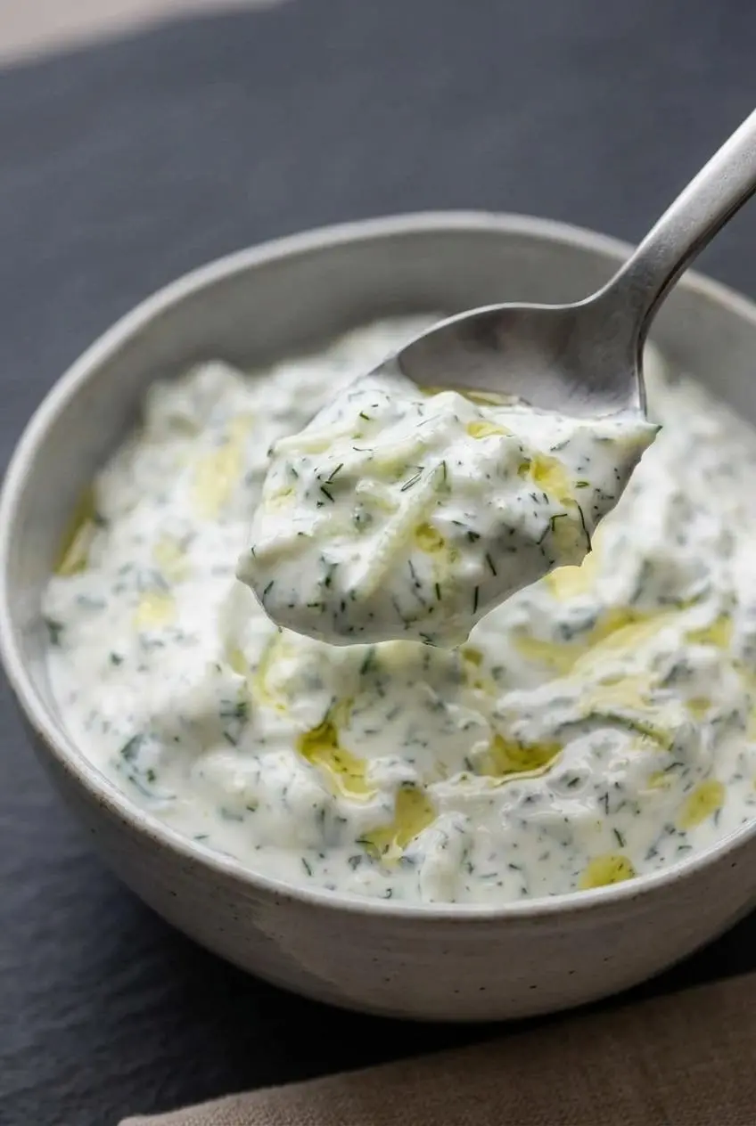 A close-up of a silver spoon lifting a dollop of thick tzatziki, showing its creamy texture and flecks of grated cucumber.