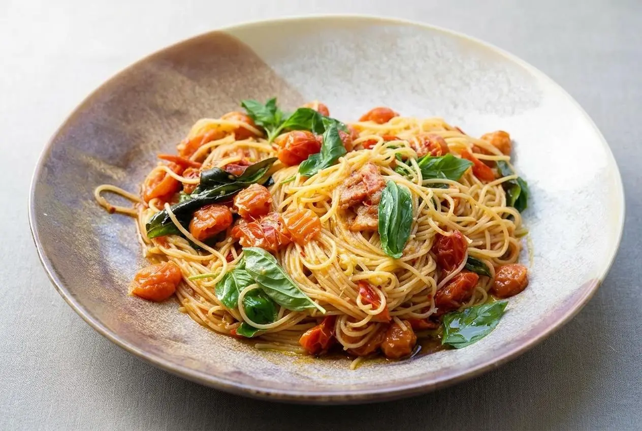 A white bowl of Tomato Basil Pasta with a glossy cherry tomato sauce, fresh basil, and grated pecorino cheese, seen from above.