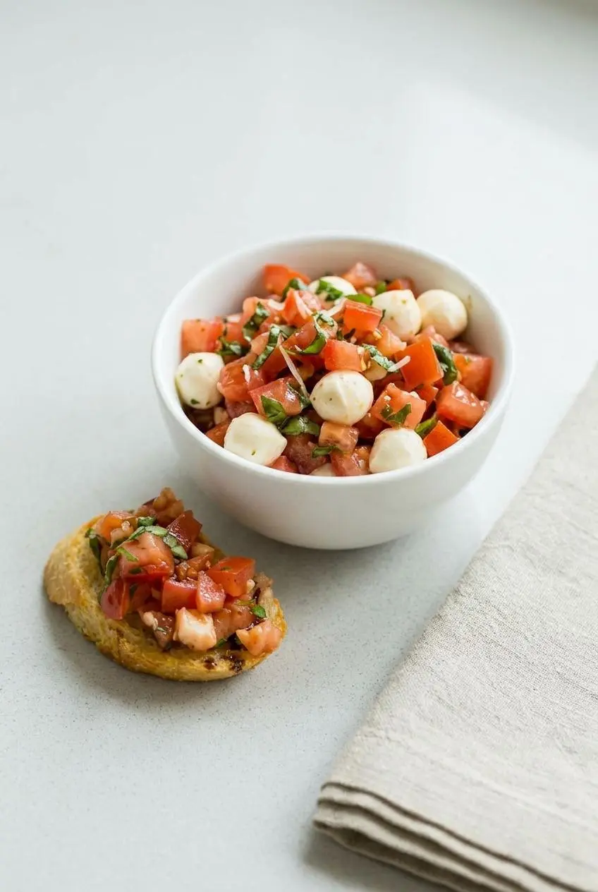 A bowl of tomato bruschetta topping mixed with fresh mozzarella pearls, with a finished piece of bruschetta on the side.