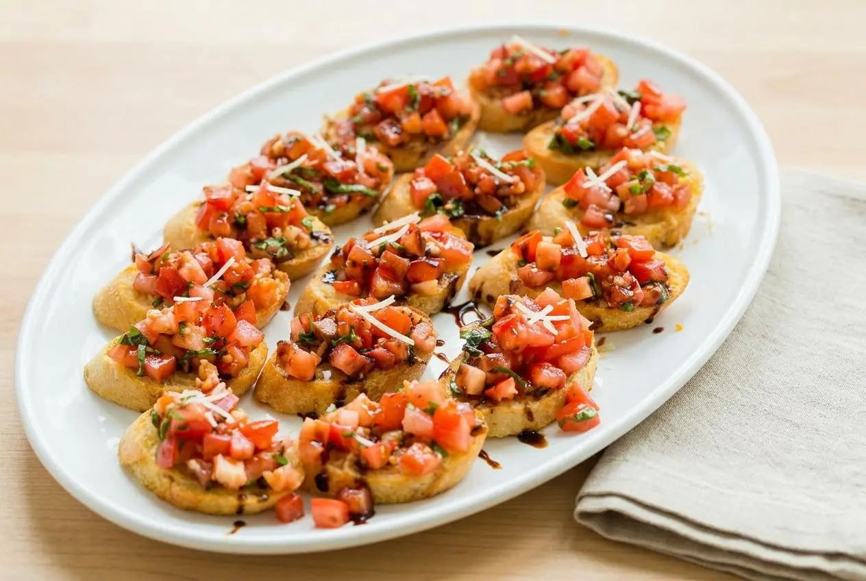 A platter of classic tomato bruschetta, with juicy diced tomatoes and fresh basil piled on crisp, golden garlic toasts.
