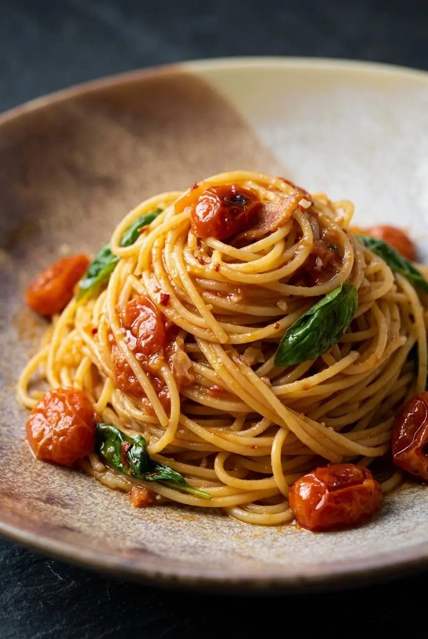 A macro close-up of spaghetti coated in a silky, glistening cherry tomato sauce with flecks of basil and cheese.