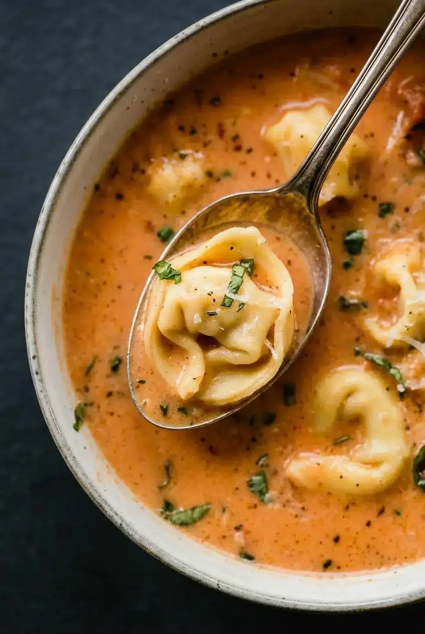 A close-up macro shot of a spoon lifting a single cheese tortellini from a creamy tomato soup, showing the rich texture of the broth.