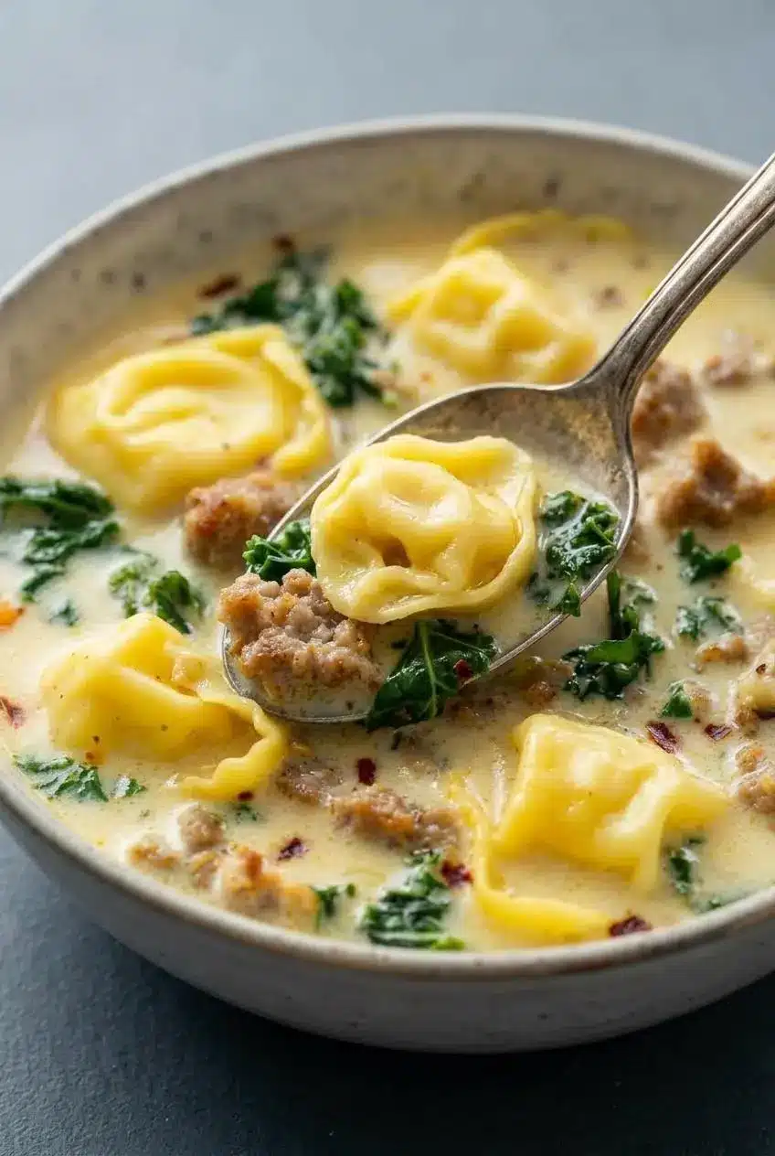 A close-up spoon lift of creamy tortellini soup, showing a cheese tortellini, a piece of Italian sausage, and kale coated in broth.
