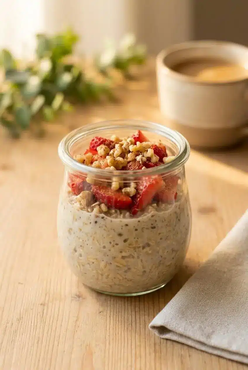 A jar of Tres Leches Overnight Oats topped with fresh sliced strawberries and chopped walnuts, set on a wooden table with a cup of coffee.