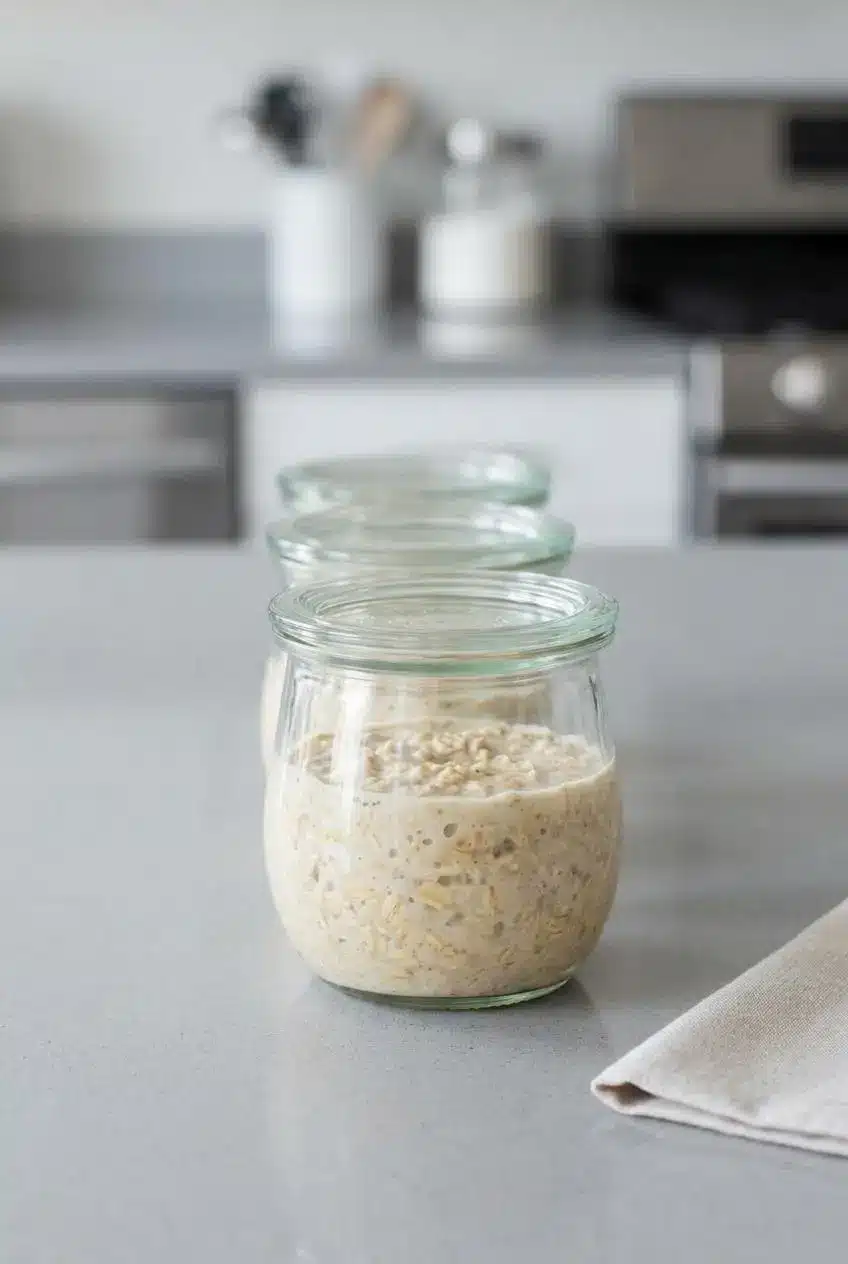 Three sealed glass jars of tres leches overnight oats lined up on a kitchen counter, ready for meal prep.