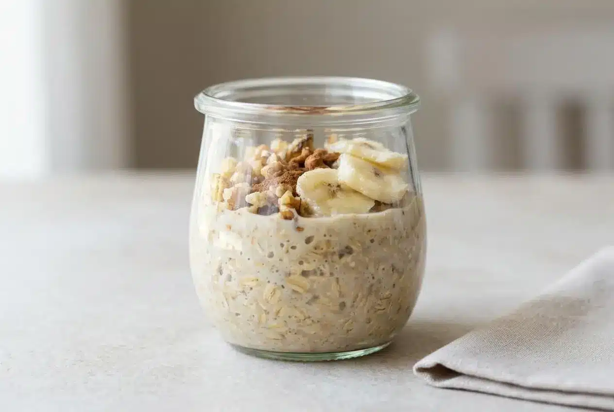 A glass jar of Tres Leches Overnight Oats, topped with fresh banana slices, chopped walnuts, and a dusting of cinnamon.