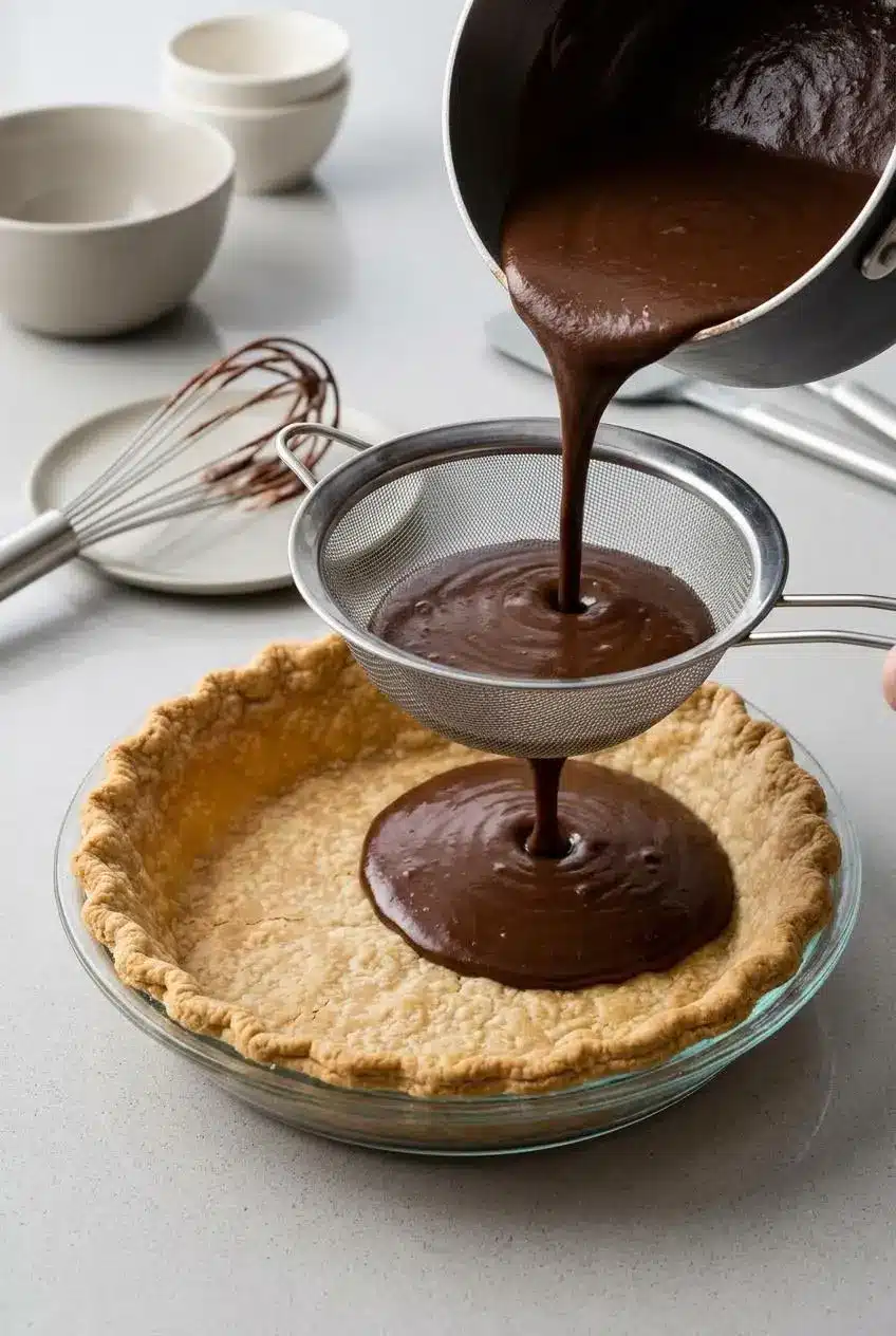 Pouring warm chocolate custard through a fine-mesh sieve into a baked pie crust to ensure a smooth, lump-free filling.
